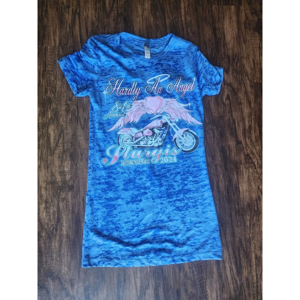 Sturgis Motorcycle Rally 2024 Women's Small 84th Hardly An Angel Blue T Shirt